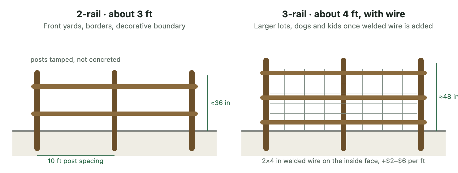 Two-rail split rail fence about 36 inches tall next to a three-rail fence about 48 inches tall with 2-by-4-inch welded wire on the inside face; posts ten feet apart, tamped not concreted.